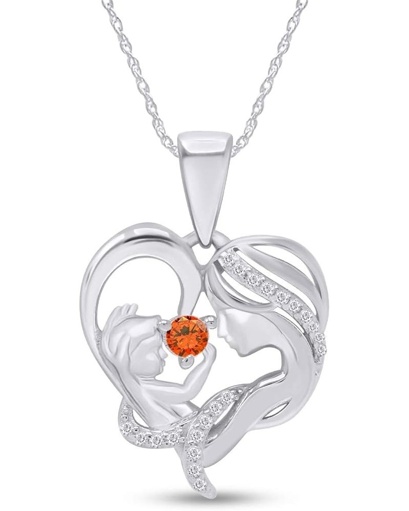 Round Cut Simulated Birthstone & White Cubic Zirconia Mom with Child Heart Pendant Necklace in 14K White Gold Over Sterling S...