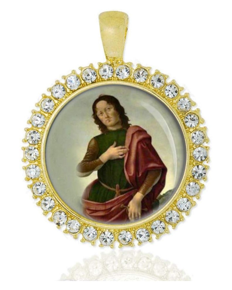 St Julian the Hospitaller Gold Tone Medal Catholic Pendant w Rhinestones $19.49 Necklaces