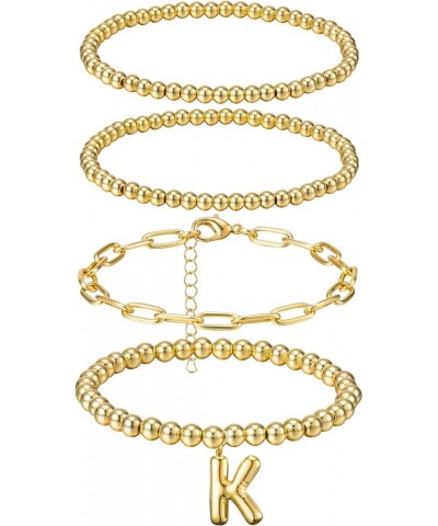 Gold Beaded Initial Bracelets - 5Pcs 14K Real Gold Plated Stretch for Women Dainty A-Z Alphabet Charms Bracelet Stackable Bub...