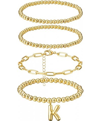 Gold Beaded Initial Bracelets - 5Pcs 14K Real Gold Plated Stretch for Women Dainty A-Z Alphabet Charms Bracelet Stackable Bub...