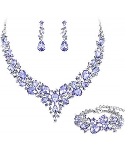 Wedding Bridal Jewelery for Women Austrian Crystal Teardrop Cluster Statement Necklace Dangle Earrings Link Bracelet Set 17-L...