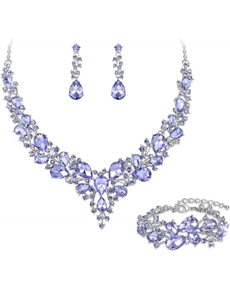 Wedding Bridal Jewelery for Women Austrian Crystal Teardrop Cluster Statement Necklace Dangle Earrings Link Bracelet Set 17-L...