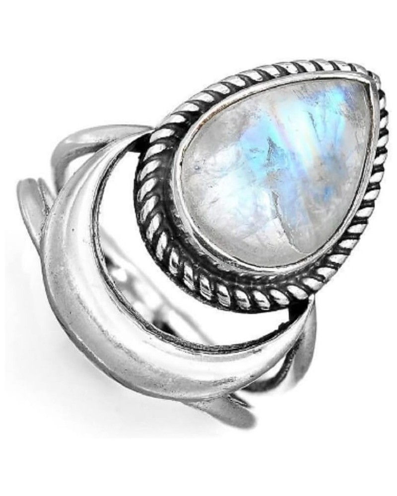 Awmnjtmgpw 925 Sterling Silver Rainbow Moonstone Moon Women's Retro Ring Creative Tear Shaped Water Drop Crescent Punk Ring S...