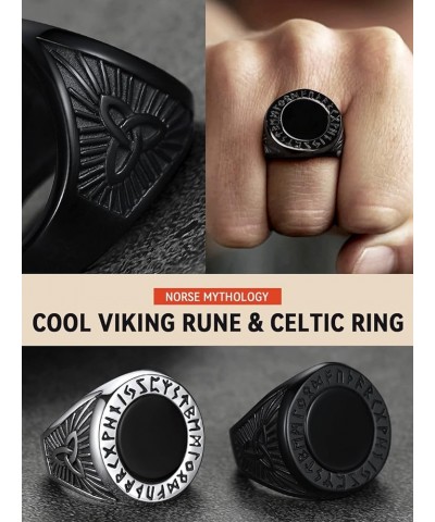 Black Onyx Rings for Men, Stainless Steel Ring with Round/Square Onyx Stone, Mens Norse Runes Celtic Knot Rings Size 7-14 02....