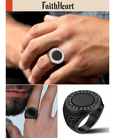 Black Onyx Rings for Men, Stainless Steel Ring with Round/Square Onyx Stone, Mens Norse Runes Celtic Knot Rings Size 7-14 02....