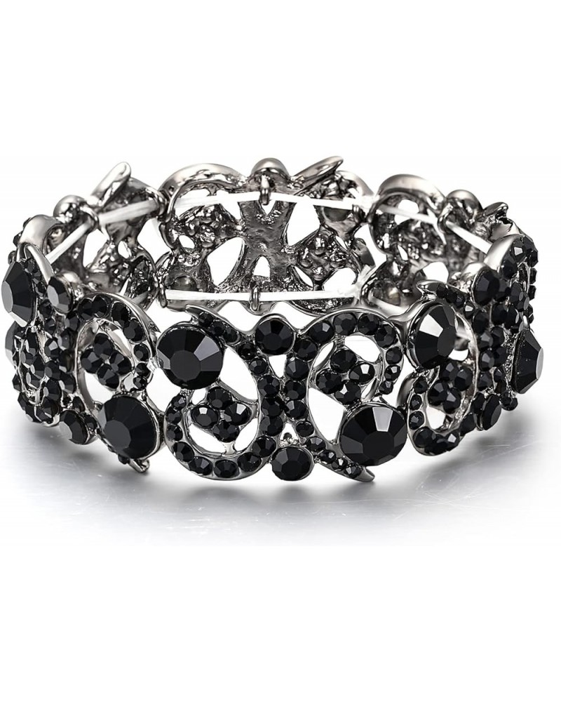 Women's Clear Crystal Stunning Hollow Floral Wedding Bride, Bridesmaid Stretch Bracelet Black Black-Tone $11.52 Bracelets