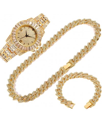 Hip Hop 15MM 3PCS KIT Silver Gold Color Watch+Necklace+Bracelet Bling Crystal AAA+ Rhinestones Iced Out Cuban Link Chains for...