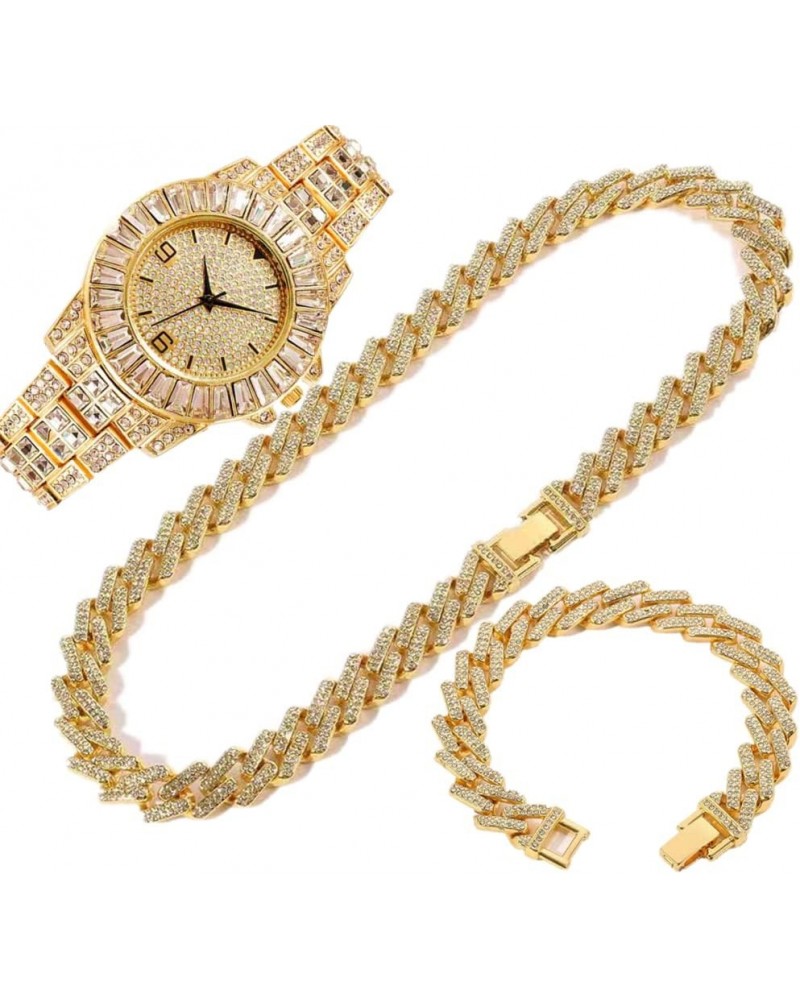 Hip Hop 15MM 3PCS KIT Silver Gold Color Watch+Necklace+Bracelet Bling Crystal AAA+ Rhinestones Iced Out Cuban Link Chains for...