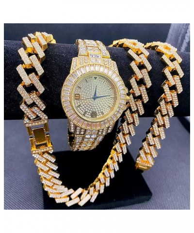 Hip Hop 15MM 3PCS KIT Silver Gold Color Watch+Necklace+Bracelet Bling Crystal AAA+ Rhinestones Iced Out Cuban Link Chains for...