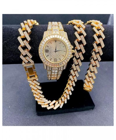 Hip Hop 15MM 3PCS KIT Silver Gold Color Watch+Necklace+Bracelet Bling Crystal AAA+ Rhinestones Iced Out Cuban Link Chains for...