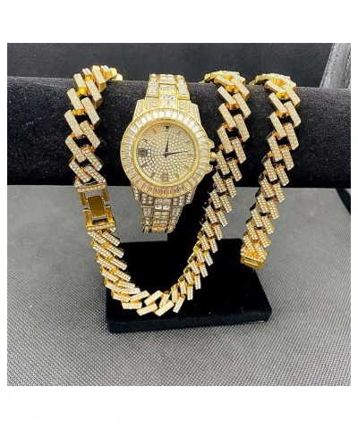 Hip Hop 15MM 3PCS KIT Silver Gold Color Watch+Necklace+Bracelet Bling Crystal AAA+ Rhinestones Iced Out Cuban Link Chains for...