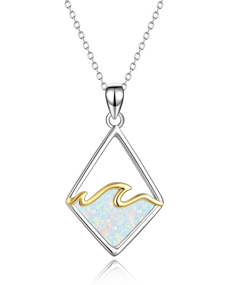 Ocean Theme Jewelry Sterling Silver Ocean Wave Sand Dollar Necklace Created Opal Pendant Ocean Beach Gifts for Women Girls Wh...