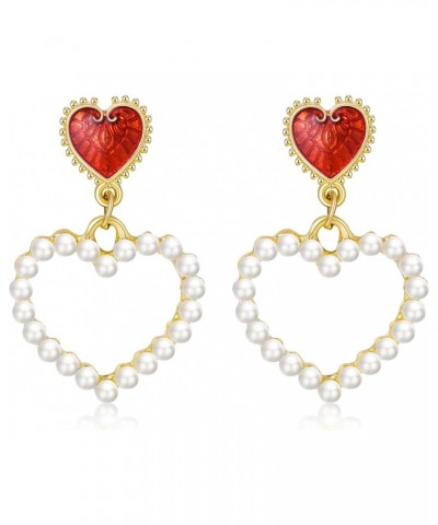 Heart Earrings Valentine's Day Earrings Pearl Heart Earrings Gold Red Heart Dangle Women Girls Jewelry Gifts for Her $7.74 Ea...