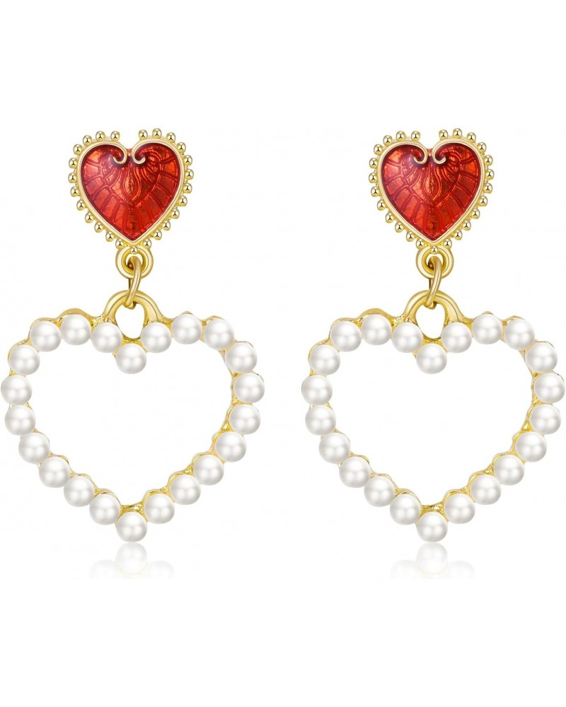 Heart Earrings Valentine's Day Earrings Pearl Heart Earrings Gold Red Heart Dangle Women Girls Jewelry Gifts for Her $7.74 Ea...