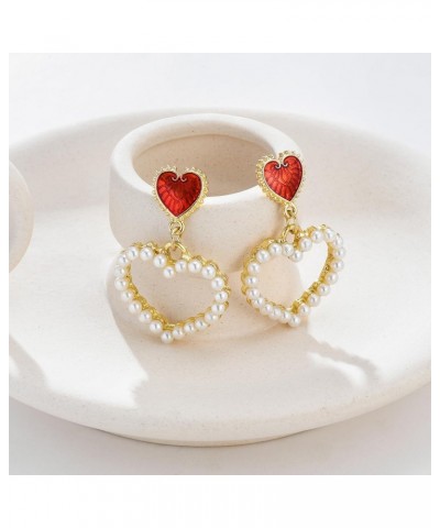 Heart Earrings Valentine's Day Earrings Pearl Heart Earrings Gold Red Heart Dangle Women Girls Jewelry Gifts for Her $7.74 Ea...