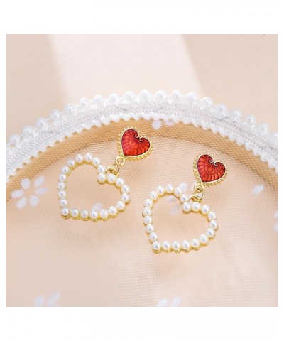 Heart Earrings Valentine's Day Earrings Pearl Heart Earrings Gold Red Heart Dangle Women Girls Jewelry Gifts for Her $7.74 Ea...