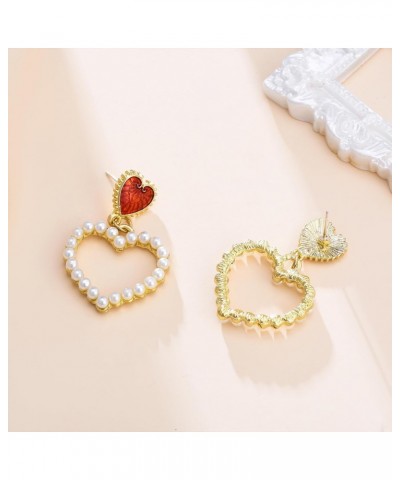 Heart Earrings Valentine's Day Earrings Pearl Heart Earrings Gold Red Heart Dangle Women Girls Jewelry Gifts for Her $7.74 Ea...