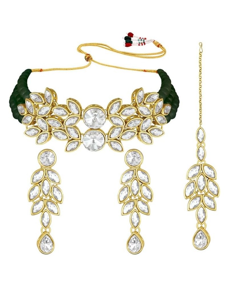 Traditional Gold Plated Kundan Choker Necklace Dangle Earring & MaangTikka Ethnic Jewelry Set Gift for Women Green $19.59 Jew...