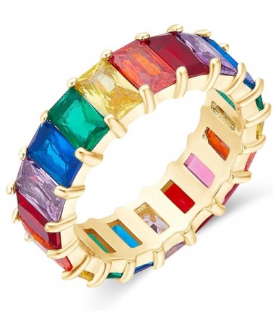 Eternity Rainbow Ring 18K Gold Plated Emerald-Cut Multi Color AAA Created-Gemstone Rainbow Ring, Stackable Ring, Wedding Band...