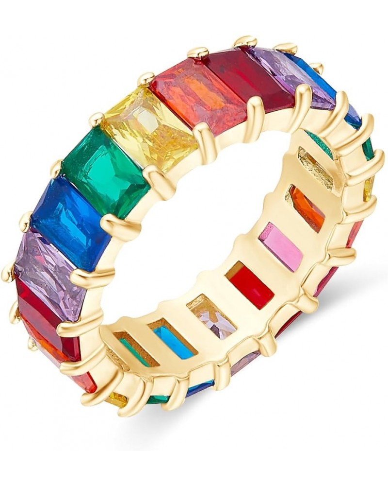 Eternity Rainbow Ring 18K Gold Plated Emerald-Cut Multi Color AAA Created-Gemstone Rainbow Ring, Stackable Ring, Wedding Band...