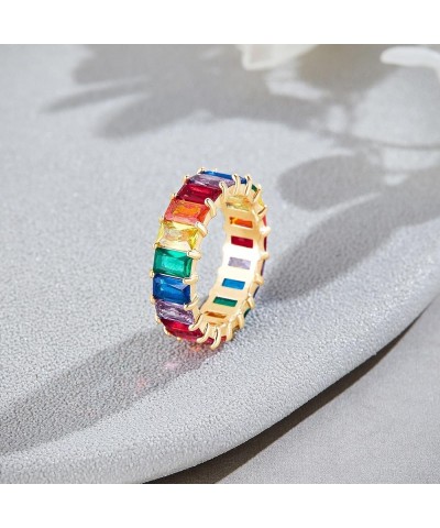 Eternity Rainbow Ring 18K Gold Plated Emerald-Cut Multi Color AAA Created-Gemstone Rainbow Ring, Stackable Ring, Wedding Band...