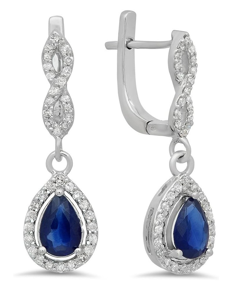 14K Each 7X5 MM Pear Gemstone & Round White Diamond Ladies Halo Teardrop Dangling Drop Earrings, White Gold Blue Sapphire $26...