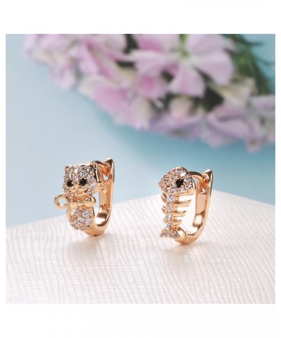 Cute Cat Asymmetrical Small Hoop Earrings for Women Girls Rose Gold Plated Cubic Zirconia Hypoallergenic Kitten Animal Fish B...