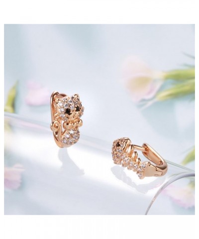 Cute Cat Asymmetrical Small Hoop Earrings for Women Girls Rose Gold Plated Cubic Zirconia Hypoallergenic Kitten Animal Fish B...