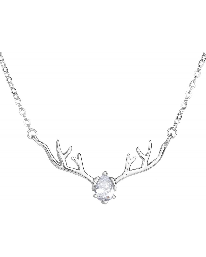 Deer Antlers Necklace for Women Dainty Silver Plated Teardrop Birthstone Deer Necklace Pendant Deer Charm Necklaces for Women...