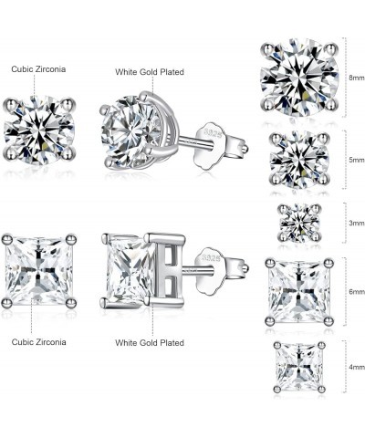 925 Sterling Silver Stud Earrings Set Hypoallergenic Princess Cut Cubic Zirconia Stud Earrings for Women Men (3/4/5/6/8 MM) A...