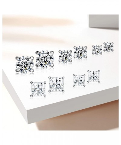 925 Sterling Silver Stud Earrings Set Hypoallergenic Princess Cut Cubic Zirconia Stud Earrings for Women Men (3/4/5/6/8 MM) A...