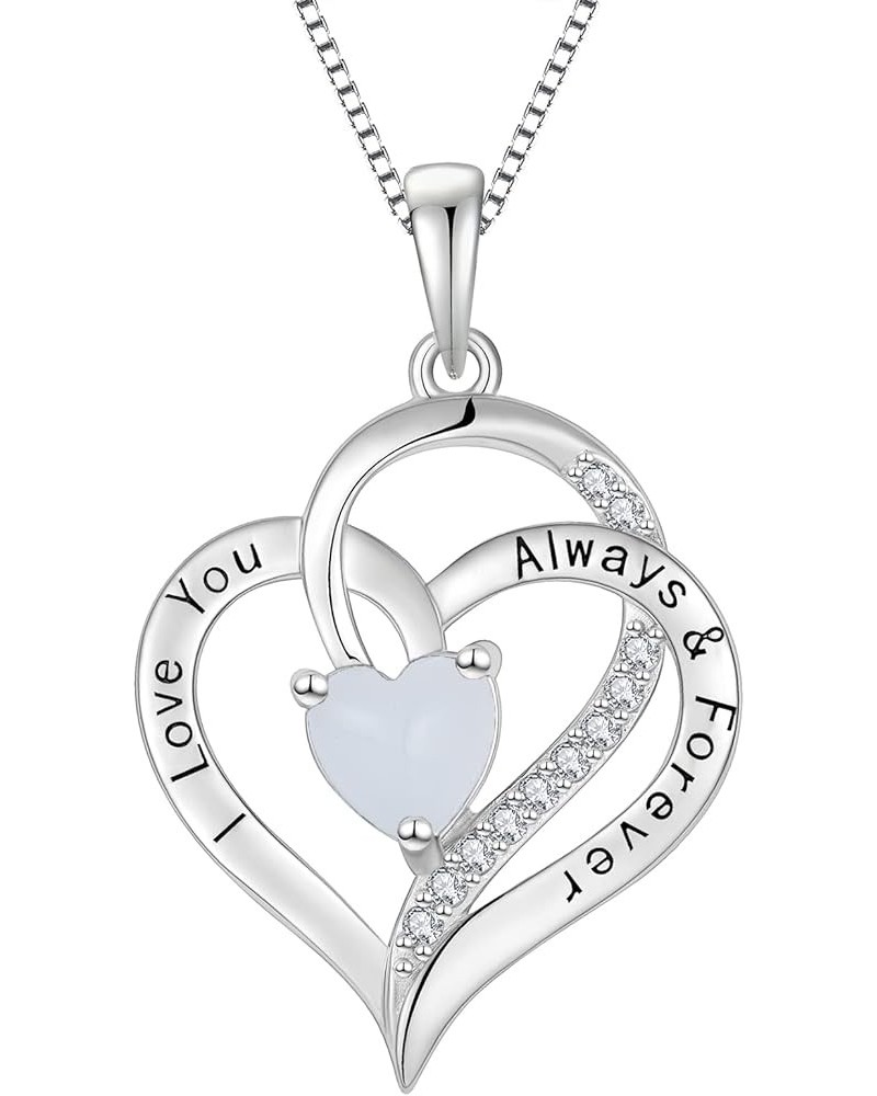 Women Girls Heart Necklace 925 Sterling Silver June Birthstone Moonstone 3A Cubic Zirconia I Love You Pendant with Chain Gift...