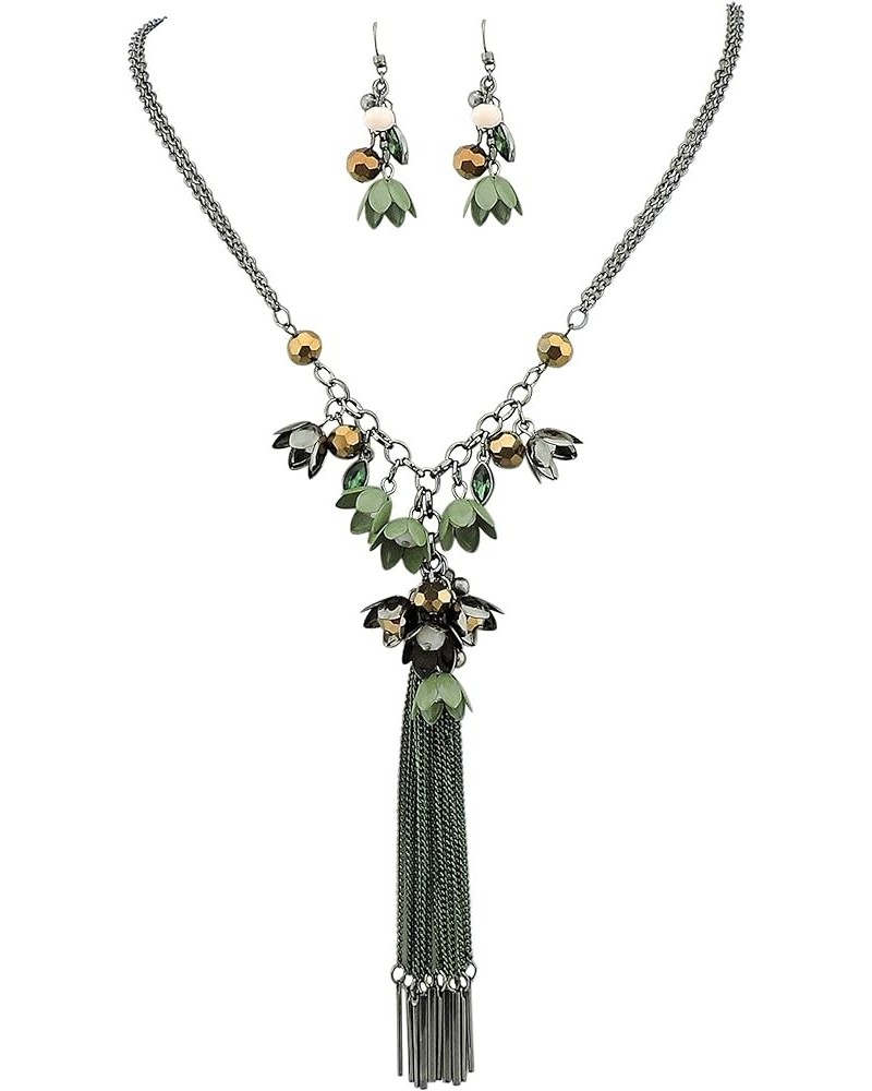 Long 2 Layer Chain Unique Flower Pendant Tassels Necklace Earrings Women Jewelry Set green $12.23 Jewelry Sets