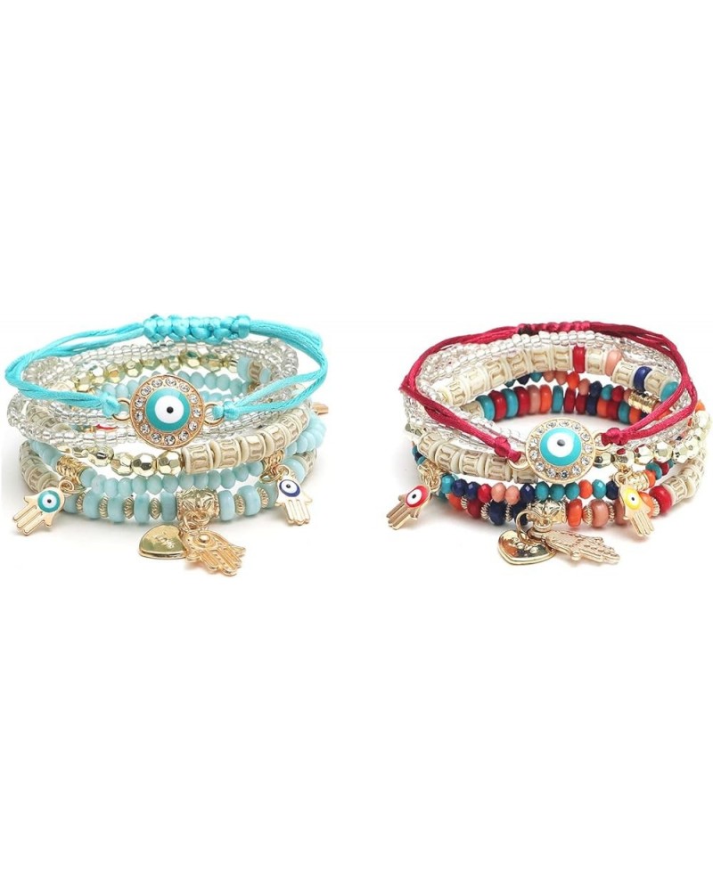 Bohemian Stackable Bracelets，Multilayer Evil Eye Hamsa Hand Bracelets Boho Stretch Strand Bracelets Multicolor Crystal Charm ...