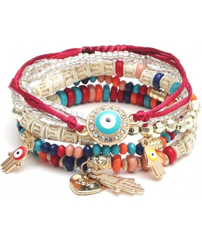 Bohemian Stackable Bracelets，Multilayer Evil Eye Hamsa Hand Bracelets Boho Stretch Strand Bracelets Multicolor Crystal Charm ...