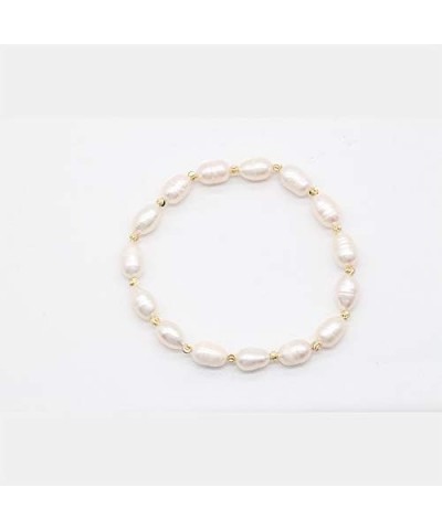 7-8MM Natural Freshwater Cultured Oval Pearl Bracelet Rice Shape Pearl Stretch Bangle Bracelet Love Wish with Gold Plated Cha...