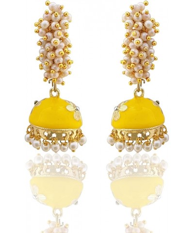 Golden Meenakari Jhumkas With White Pearls For Women (Green) Yellow $8.47 Earrings