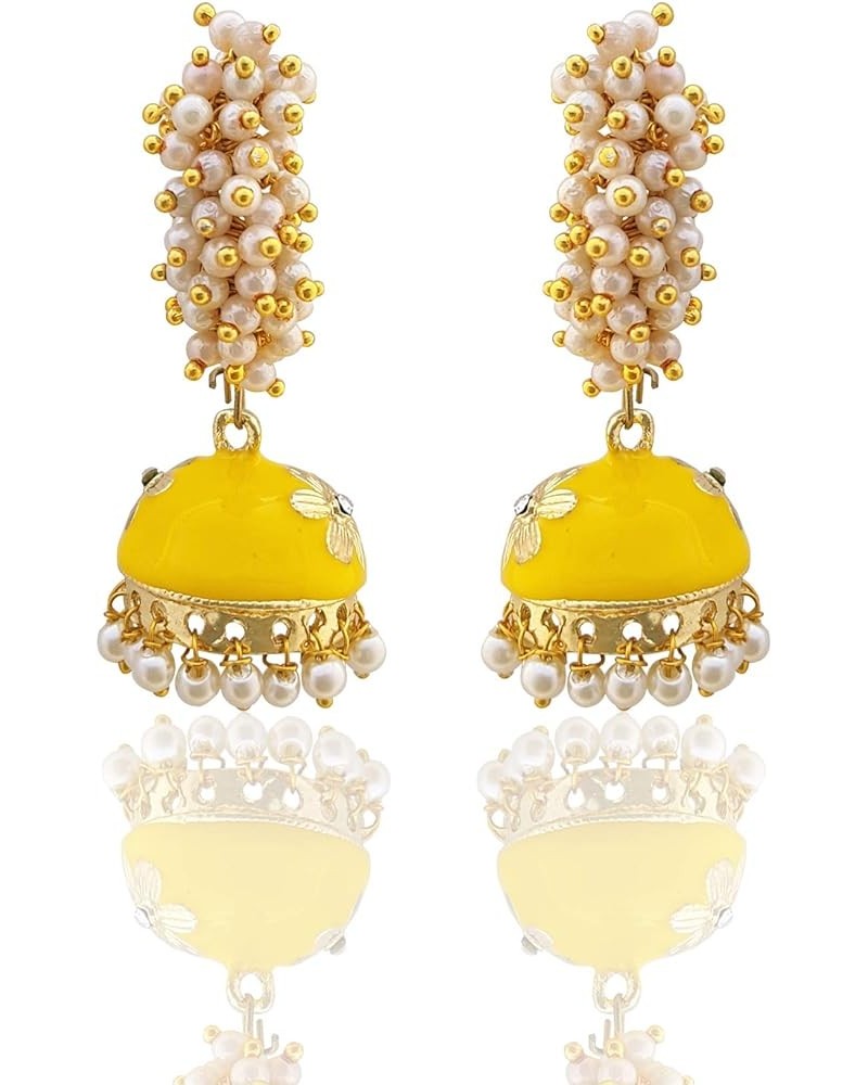 Golden Meenakari Jhumkas With White Pearls For Women (Green) Yellow $8.47 Earrings