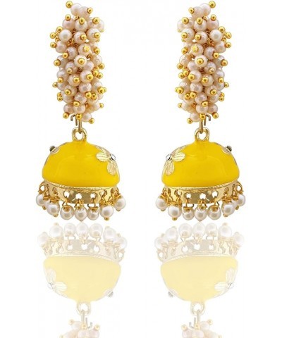 Golden Meenakari Jhumkas With White Pearls For Women (Green) Yellow $8.47 Earrings