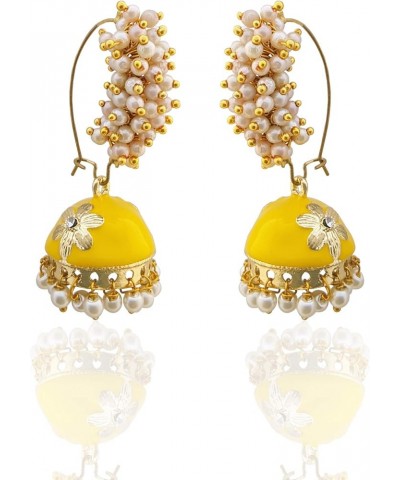 Golden Meenakari Jhumkas With White Pearls For Women (Green) Yellow $8.47 Earrings