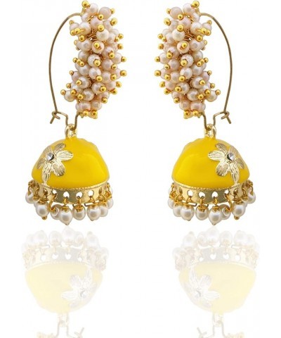 Golden Meenakari Jhumkas With White Pearls For Women (Green) Yellow $8.47 Earrings