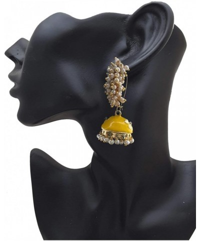 Golden Meenakari Jhumkas With White Pearls For Women (Green) Yellow $8.47 Earrings