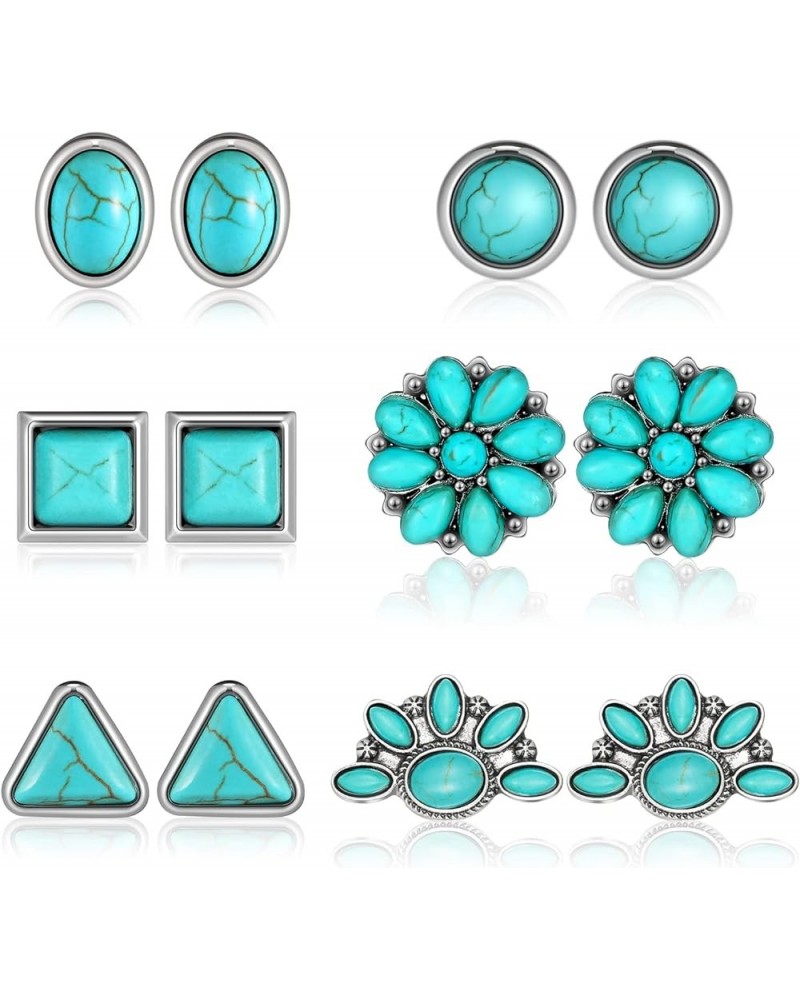 6 Pairs Turquoise Stud Earrings Small Geometric Oval Round Flower Earrings Gemstone Cut Shape Square Studs Turquoise Jewelry ...