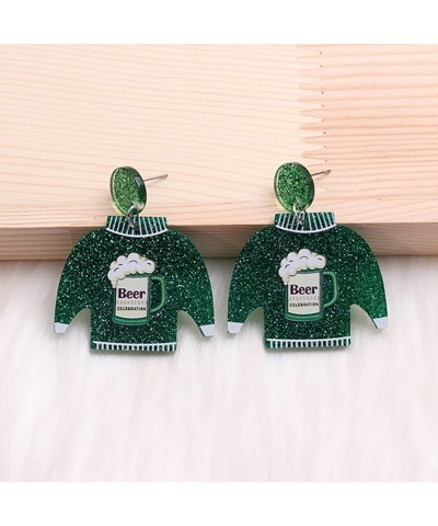 St. Patrick's Day Earrings Handmade Acrylic Green Lucky Clover Dangle Drop Earrings Resin Green Clown Boots Beer Sweater Dwar...