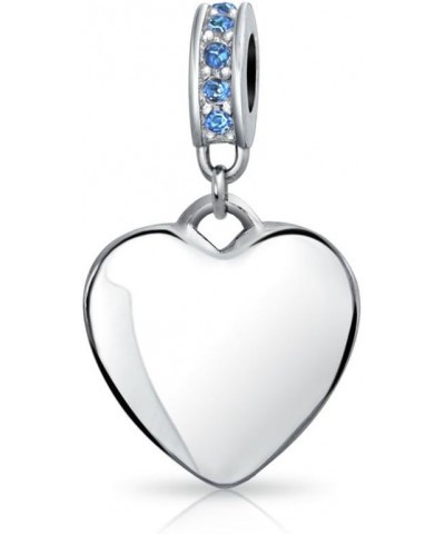 Engravable Initial Monogram Crystal Accent Bale Dangle Heart Shaped Charm Bead For Women Teen .925 Sterling Silver European B...