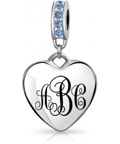 Engravable Initial Monogram Crystal Accent Bale Dangle Heart Shaped Charm Bead For Women Teen .925 Sterling Silver European B...