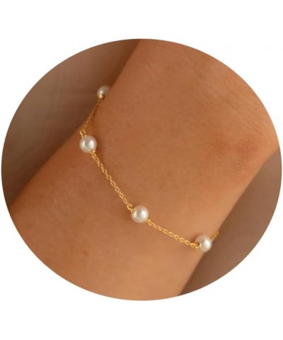 18K Gold Plated Cross Bracelet for Women Dainty Pearl Beaded Bracelet for Girls Minimalist Layering Link Chain Bracelets Tren...