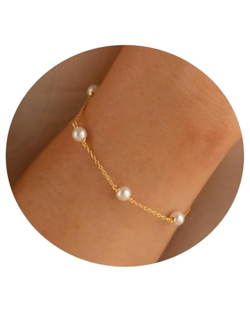 18K Gold Plated Cross Bracelet for Women Dainty Pearl Beaded Bracelet for Girls Minimalist Layering Link Chain Bracelets Tren...