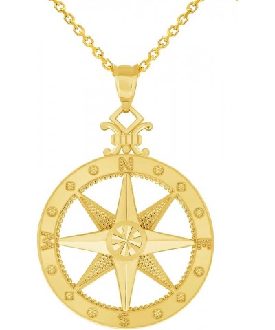 14k Yellow Gold Large Compass Wind Rose Pendant with Rolo Cable, Cuban Curb, or Figaro Chain Necklace 16.0 Inches Cable Chain...