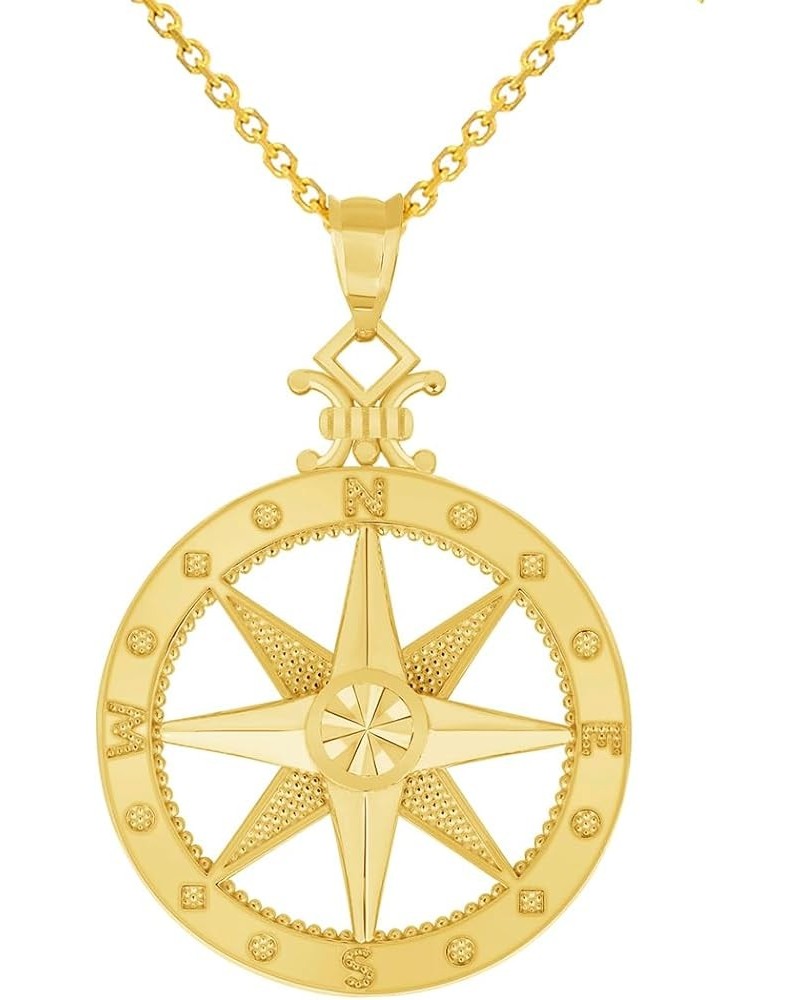 14k Yellow Gold Large Compass Wind Rose Pendant with Rolo Cable, Cuban Curb, or Figaro Chain Necklace 16.0 Inches Cable Chain...